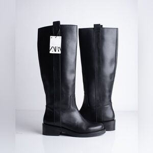 Zara Black Leather Riding Boots, 7.5 (EU 38)